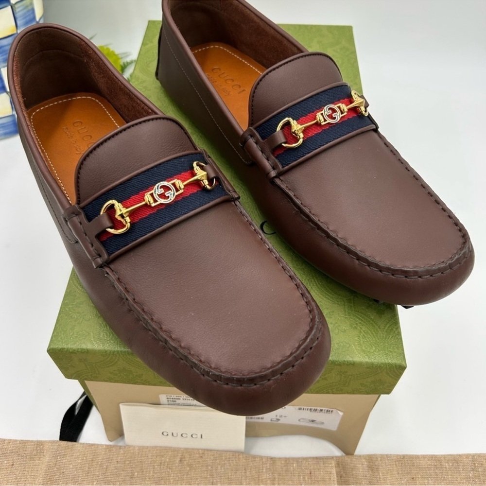 Men’s Gucci Ayrton web striped leather loafers size 12.5 fits 13 US made Italy - Picture 4 of 11